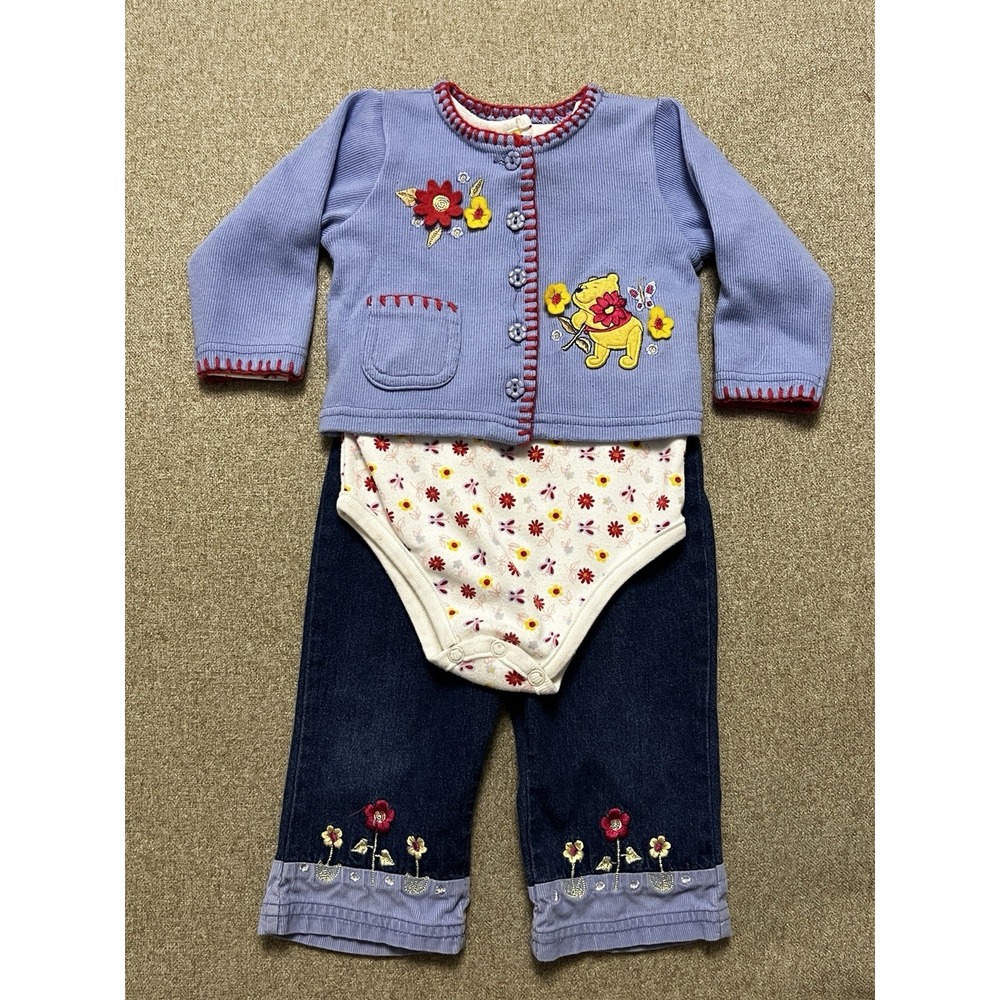 Disney Winnie the Pooh 12M 3 Piece Outfit Cardigan Bodysuit Denim Pants 90s Y2K